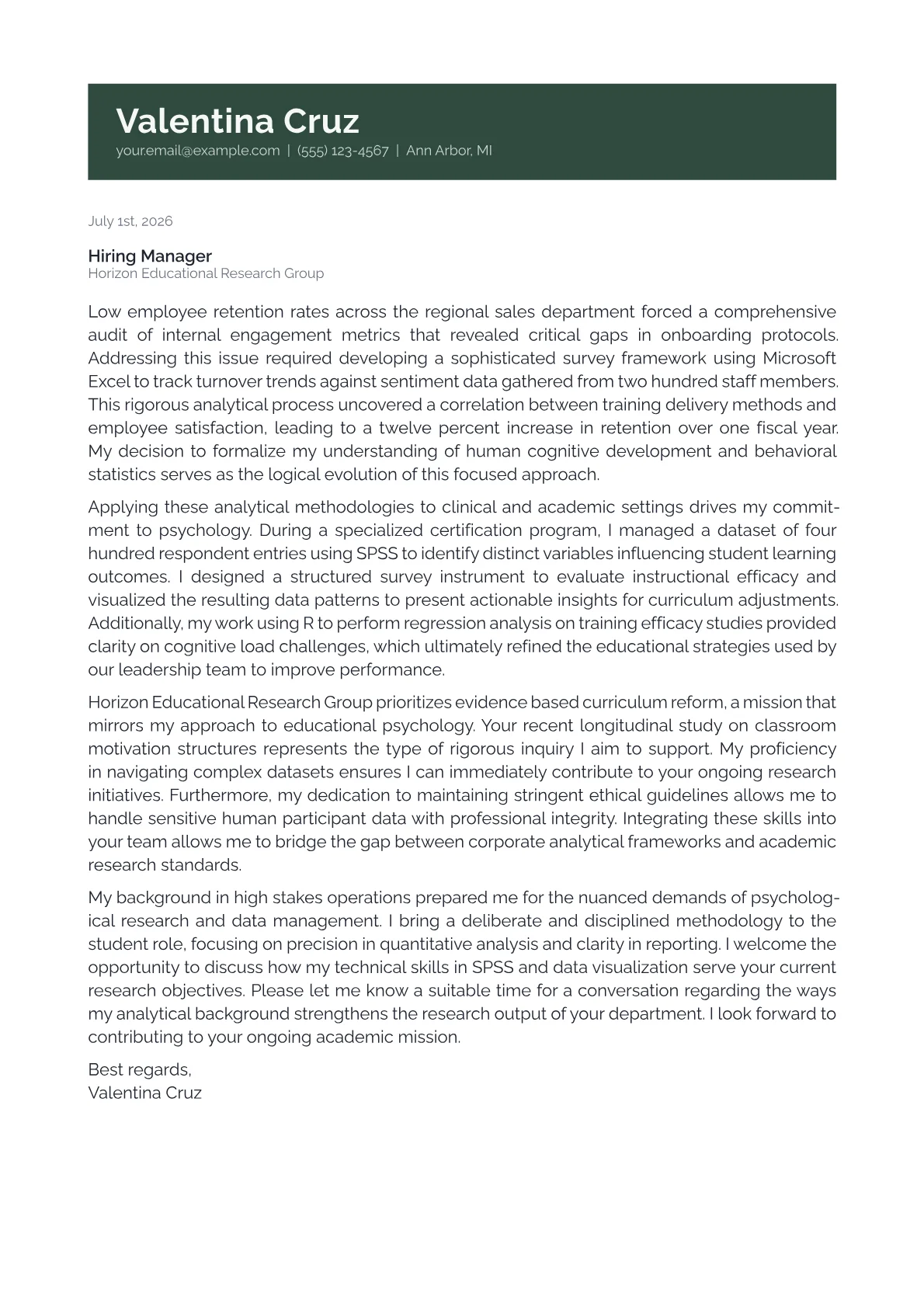 Psychology Student cover letter in the Banner design