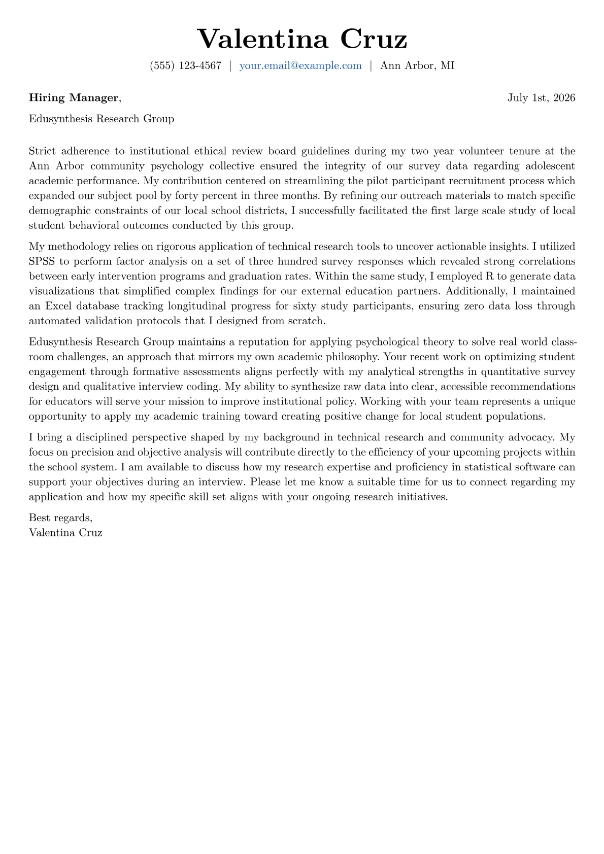 Psychology Student cover letter in the Basic design