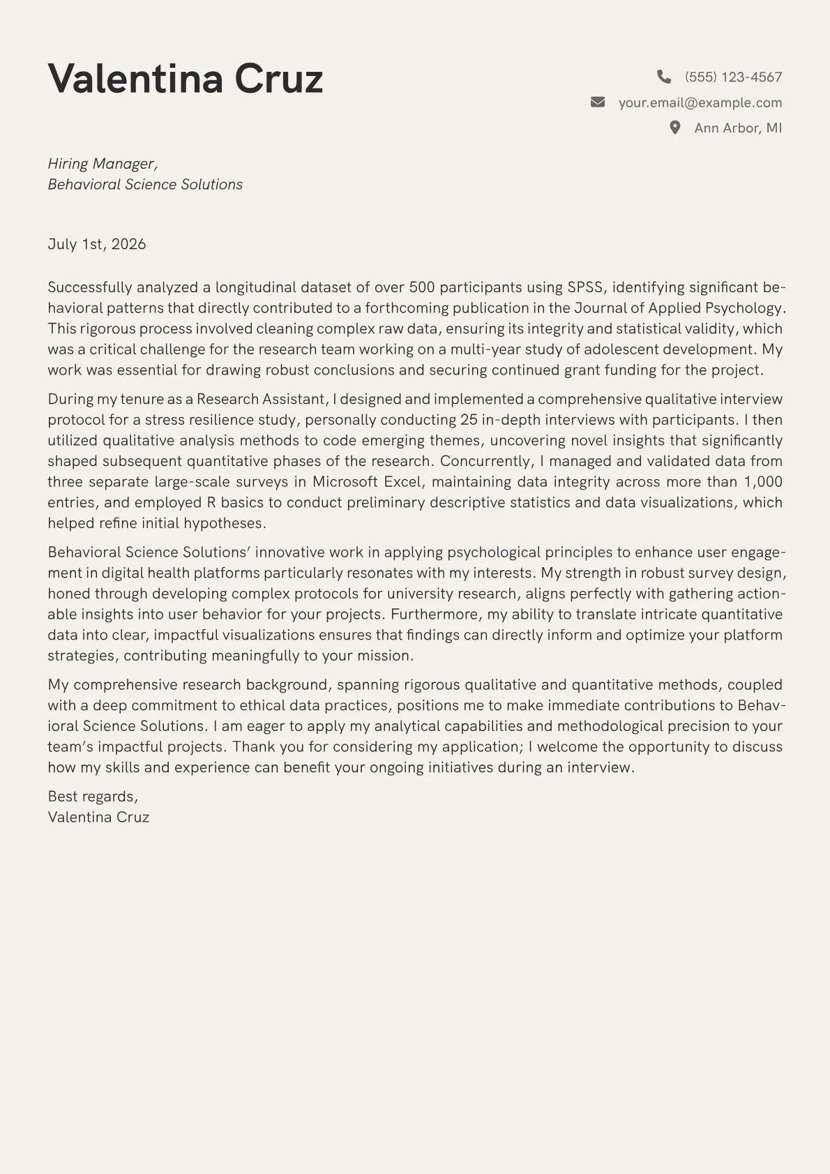Psychology Student cover letter formatted with a JobSprout template