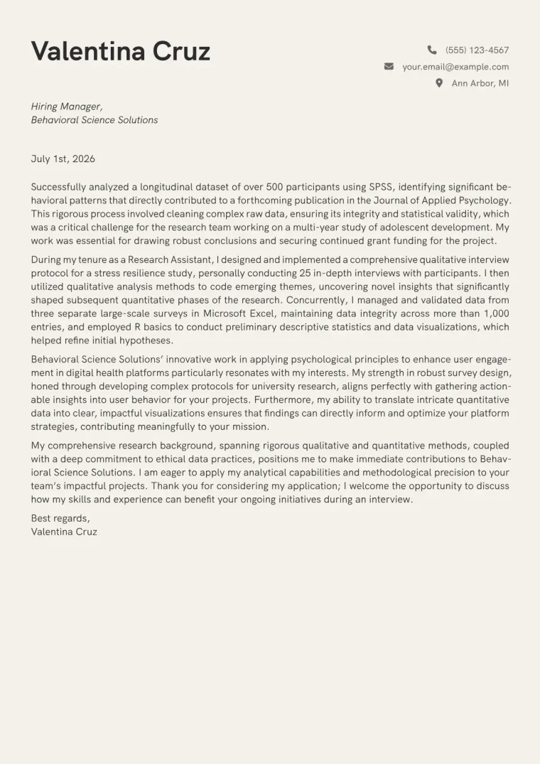 Psychology Student cover letter example preview