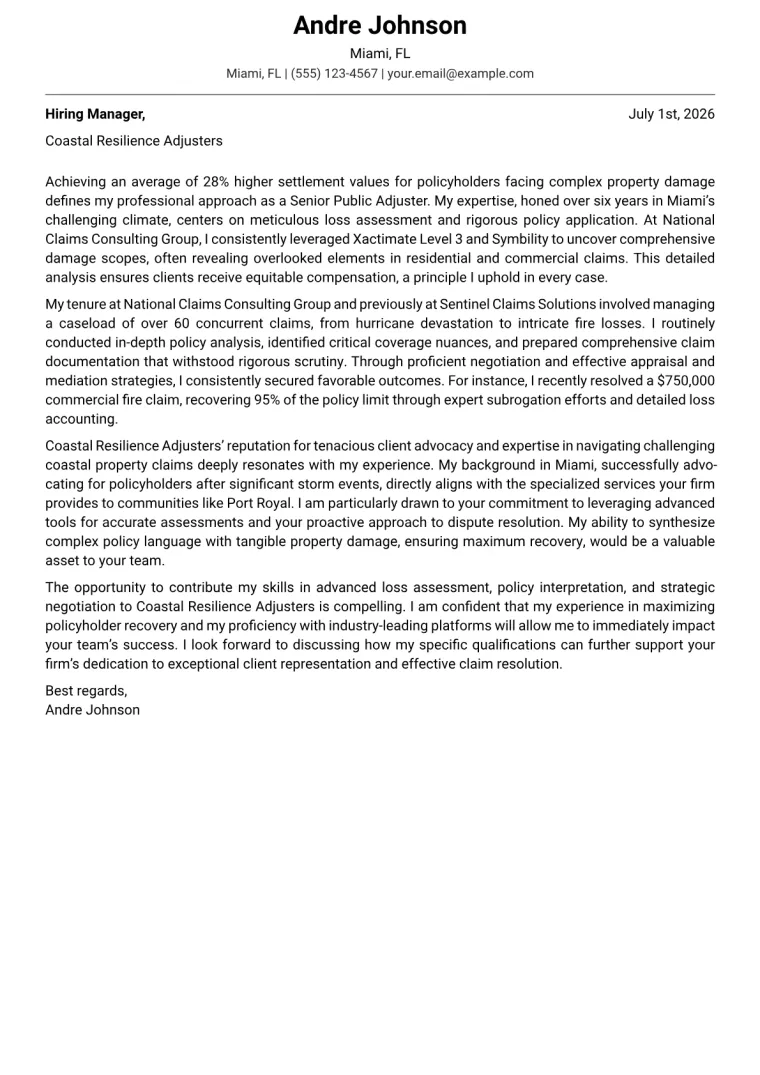 Public Adjuster Cover Letter Example