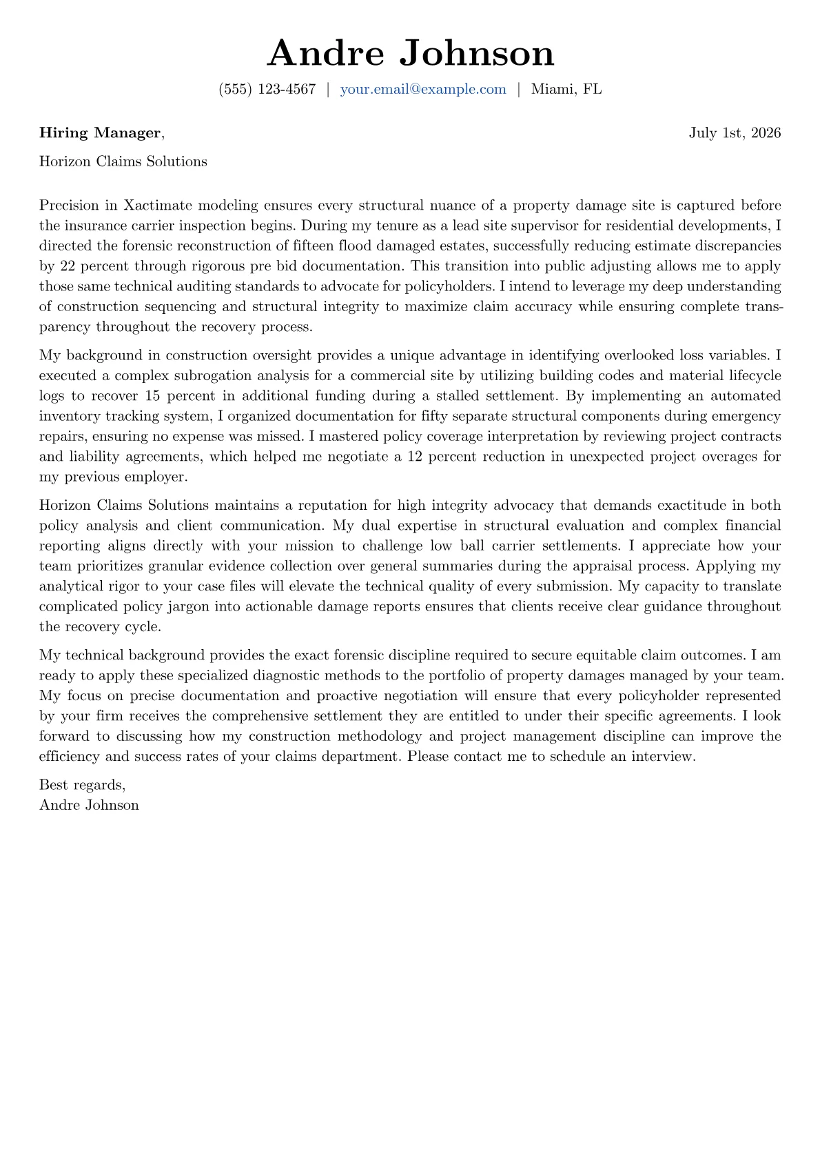 Public Adjuster cover letter in the Basic design