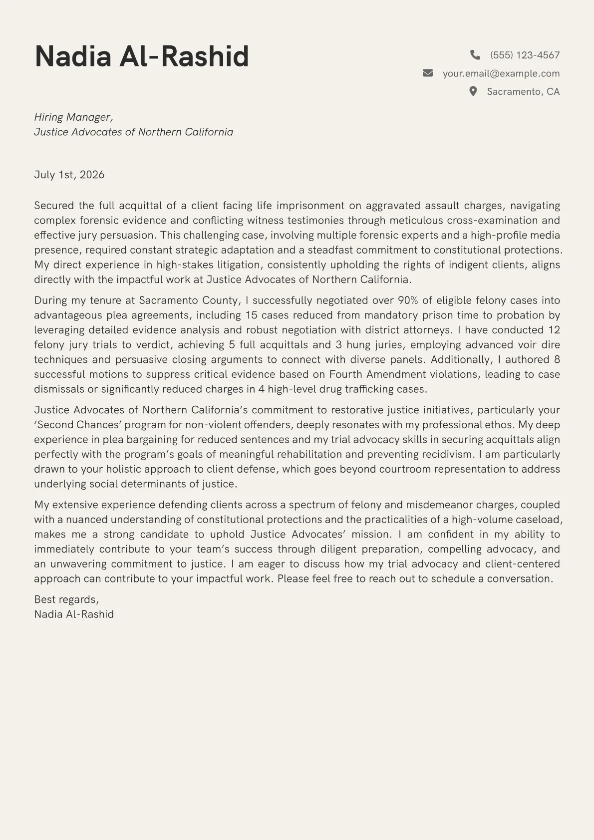 Public Defender cover letter formatted with a JobSprout template