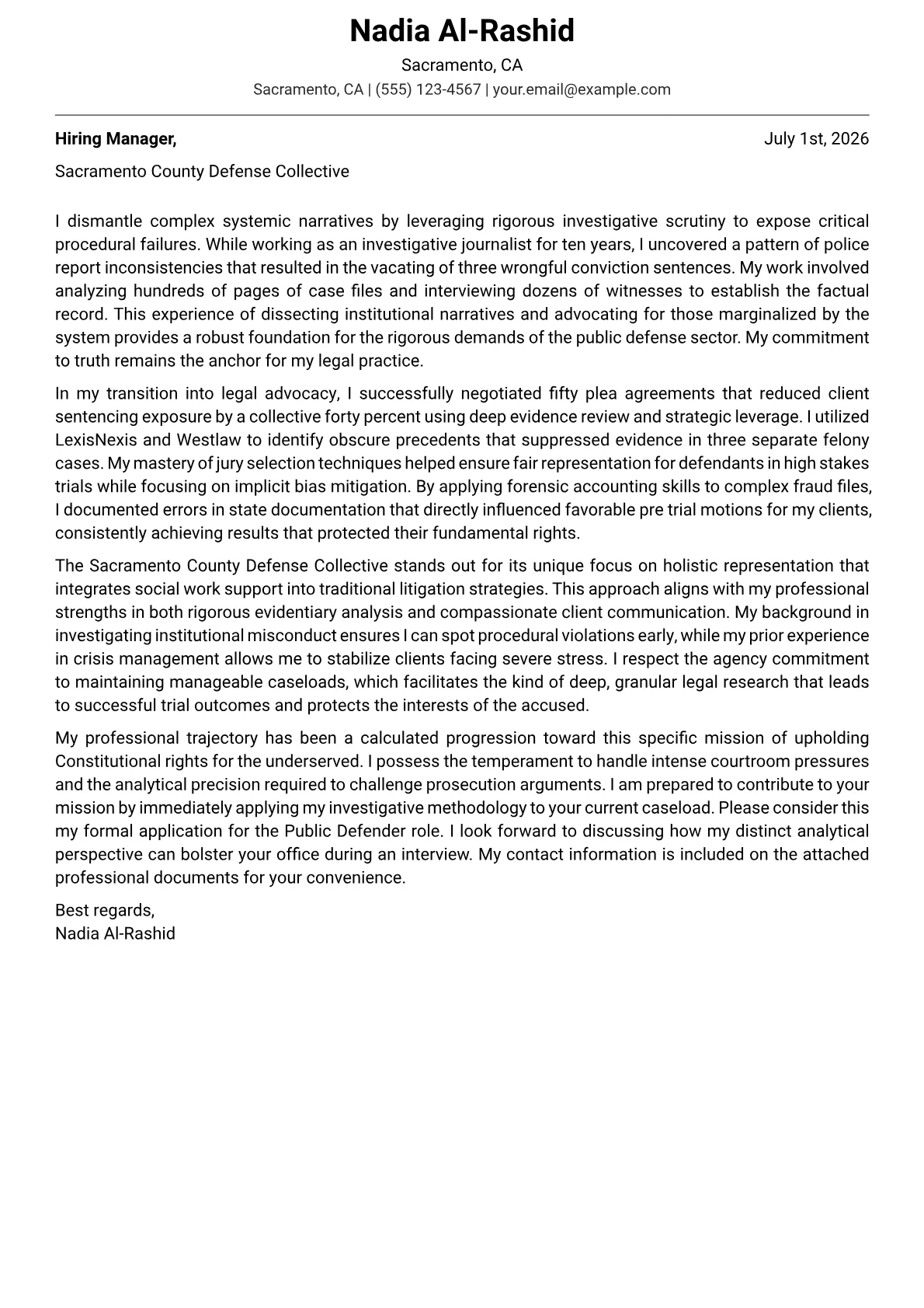 Public Defender cover letter in the Modern design