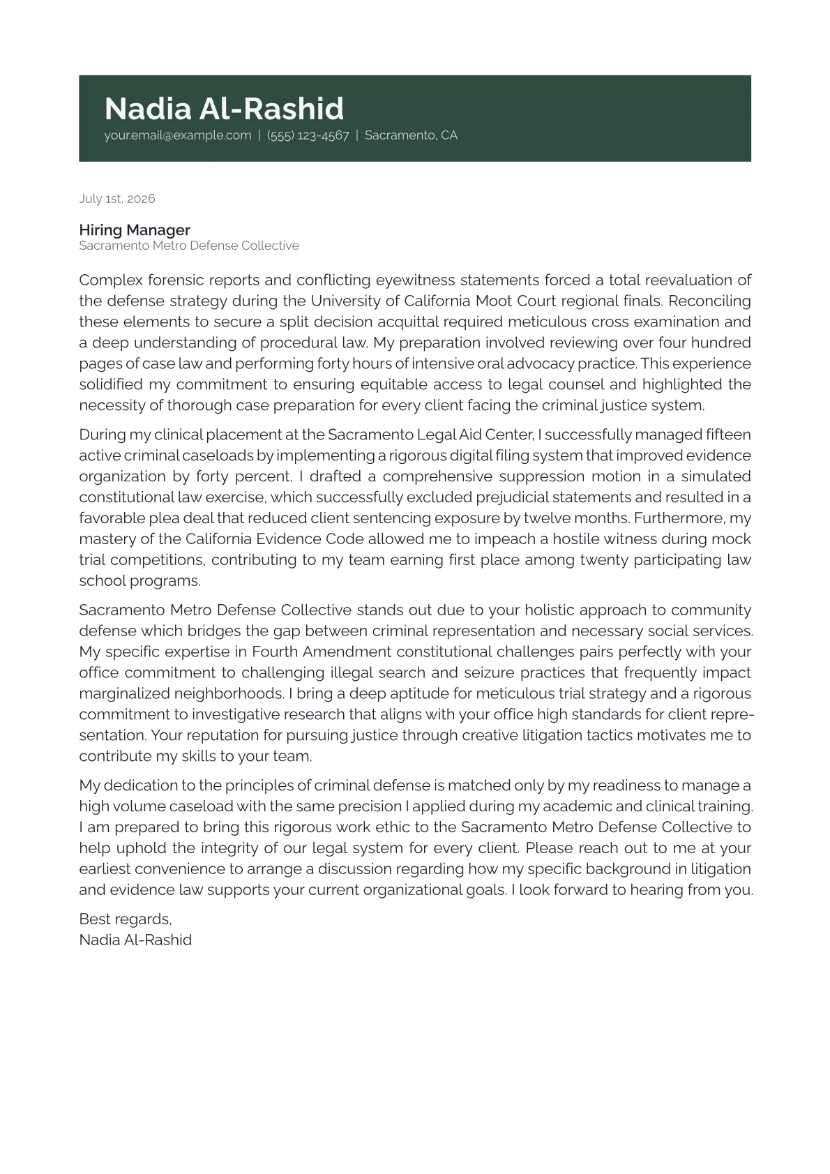 Public Defender cover letter in the Banner design