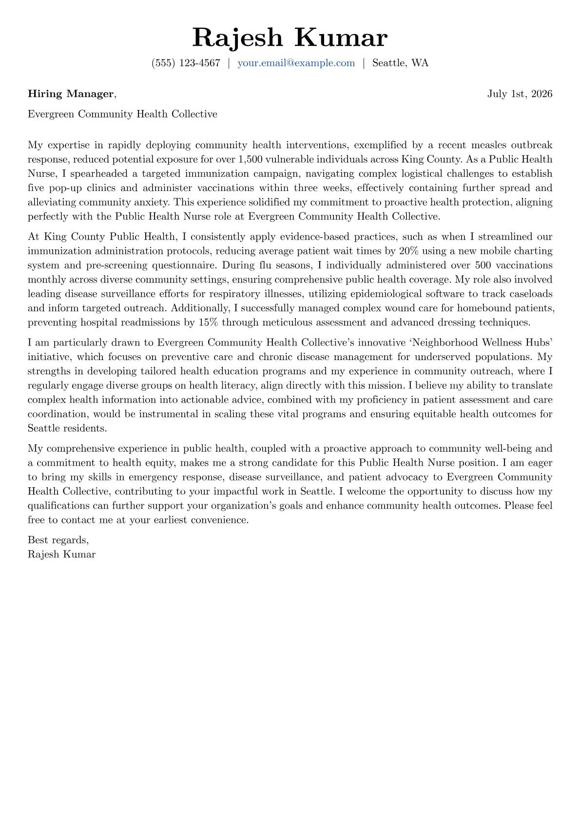 Public Health Nurse cover letter formatted with a JobSprout template