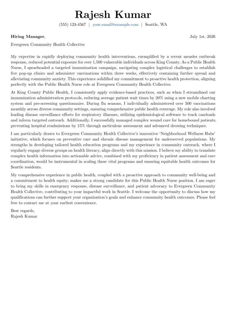 Public Health Nurse Cover Letter Example
