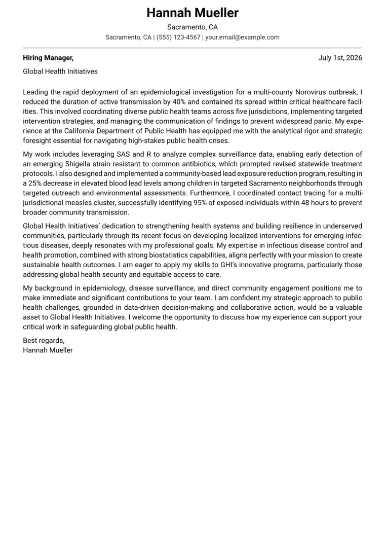 Public Health Officer cover letter example preview