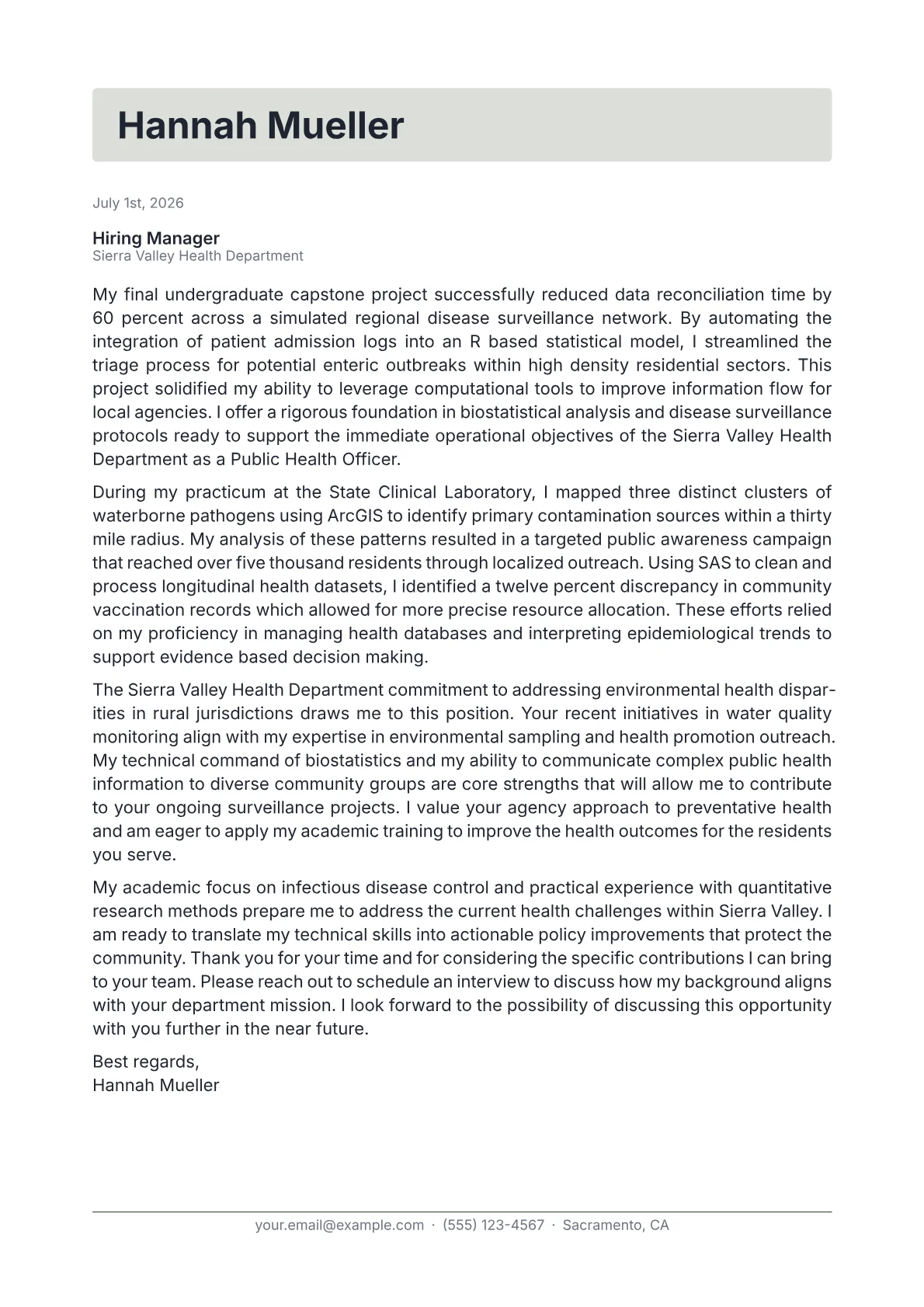 Public Health Officer cover letter in the Letterhead design