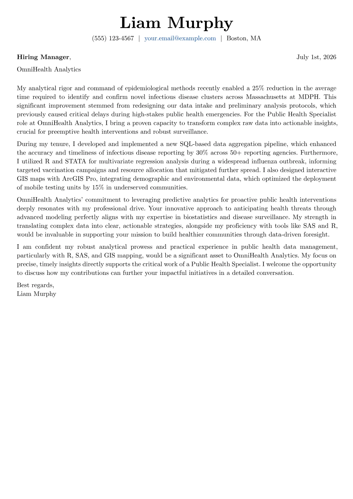 Public Health Specialist cover letter formatted with a JobSprout template