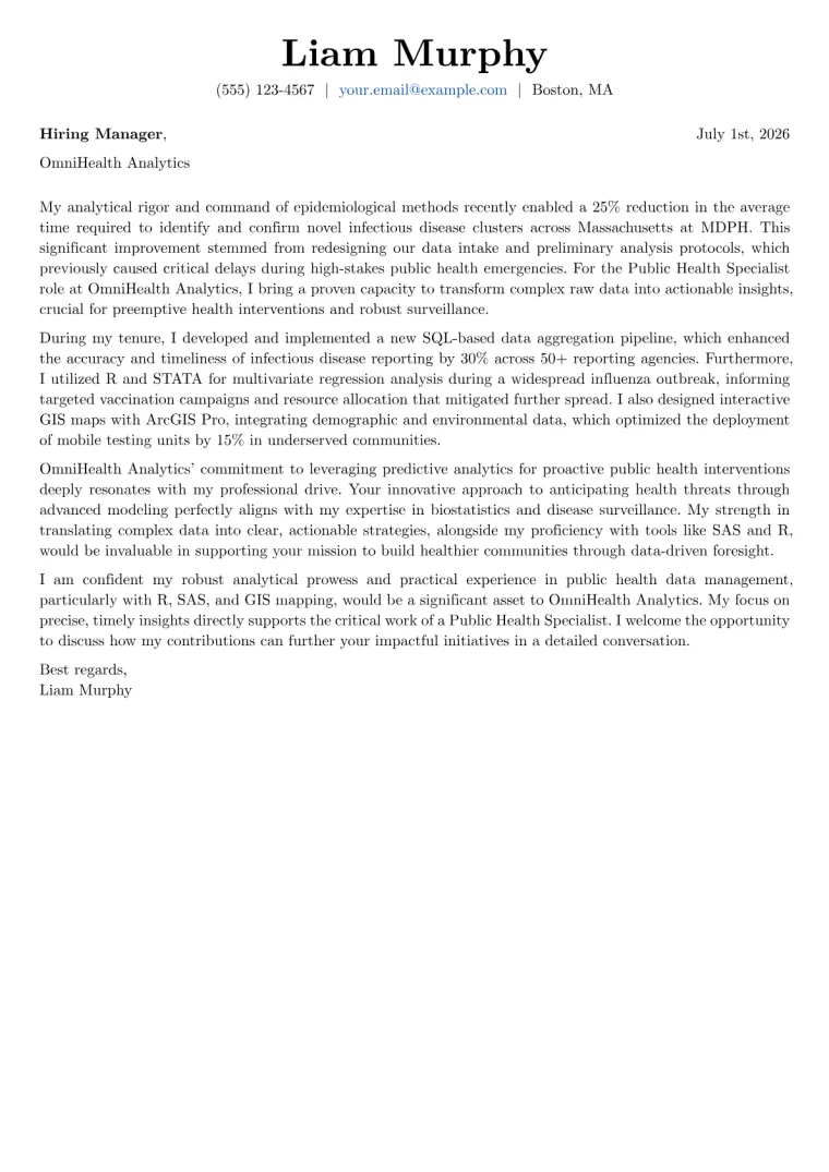 Public Health Specialist cover letter example preview