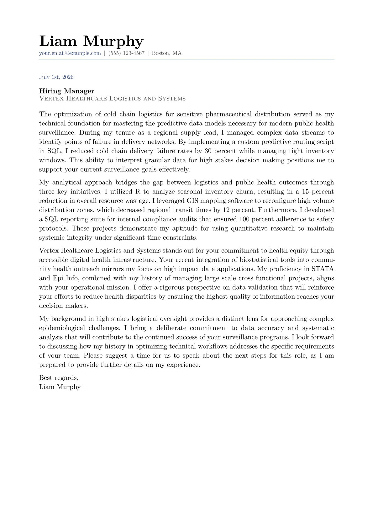 Public Health Specialist cover letter in the Classic design