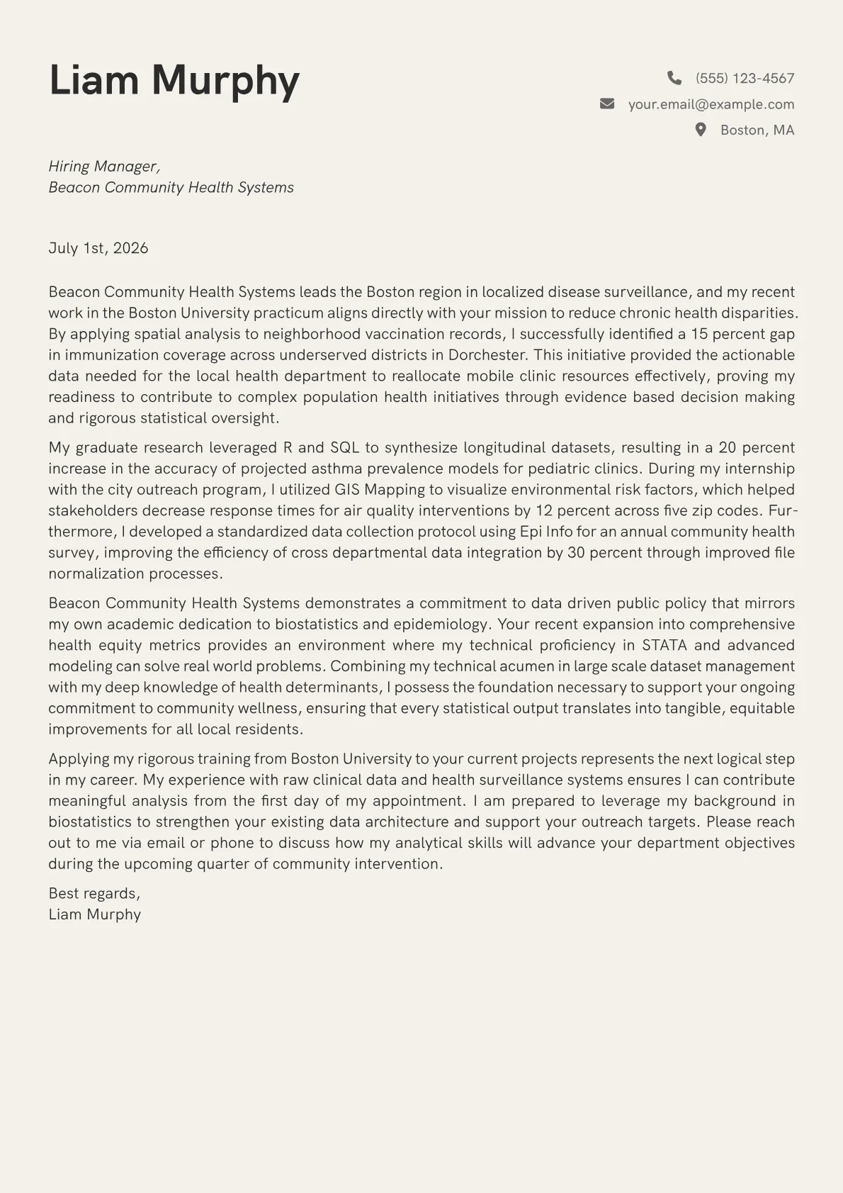 Public Health Specialist cover letter in the Creative design