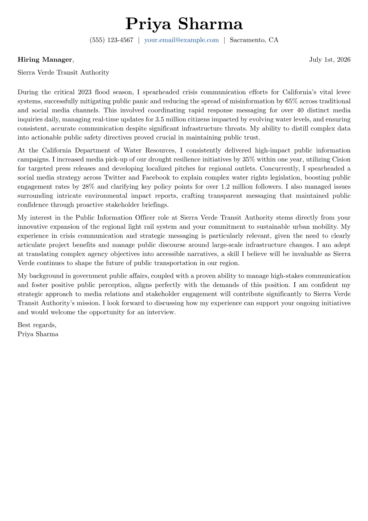 Public Information Officer cover letter formatted with a JobSprout template
