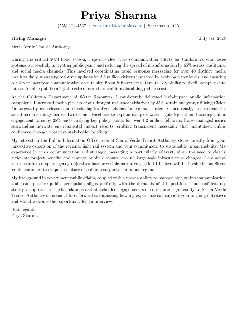 Public Information Officer Cover Letter Example