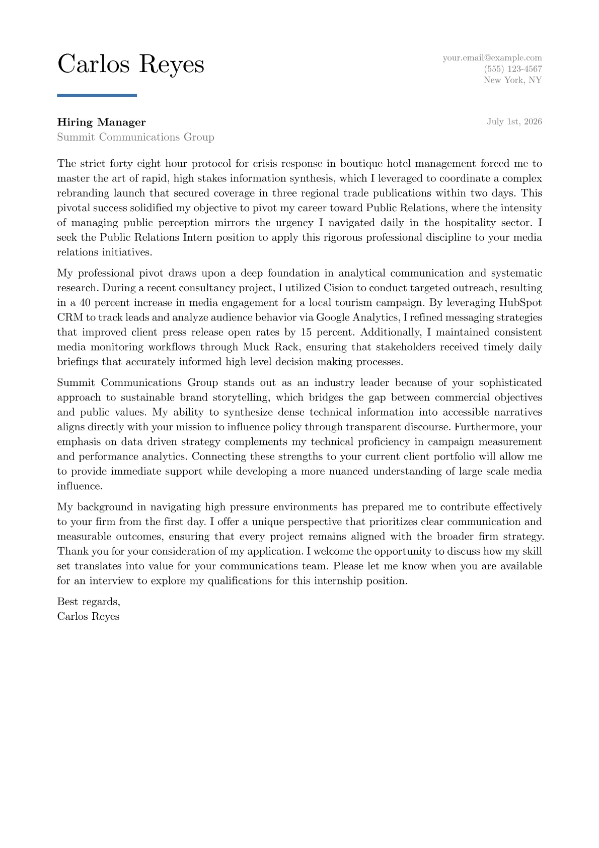 Public Relations Intern cover letter in the Executive design