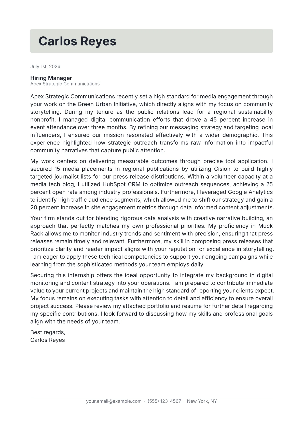 Public Relations Intern cover letter in the Letterhead design