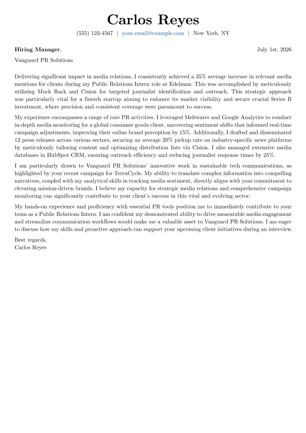 Public Relations Intern cover letter formatted with a JobSprout template