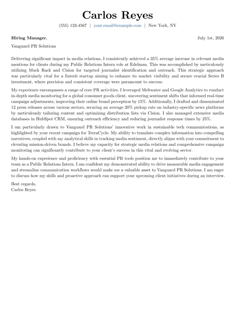 Public Relations Intern cover letter example preview