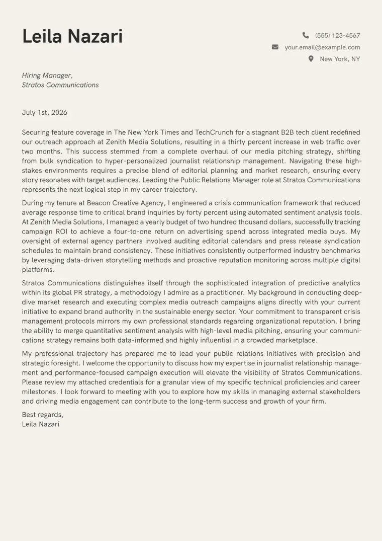Public Relations Manager Cover Letter Example