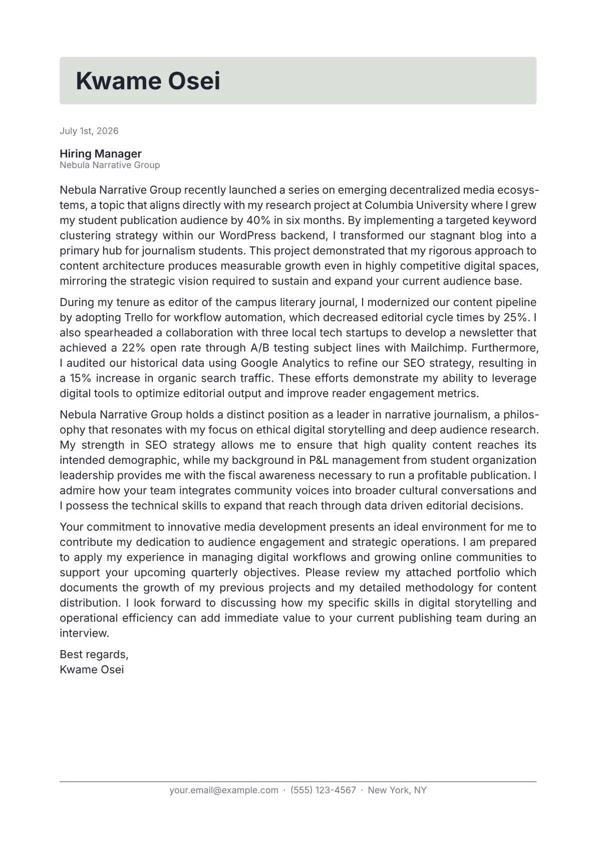 Value Driven Projects Examples Publisher Cover Letter Example + Template (2026)