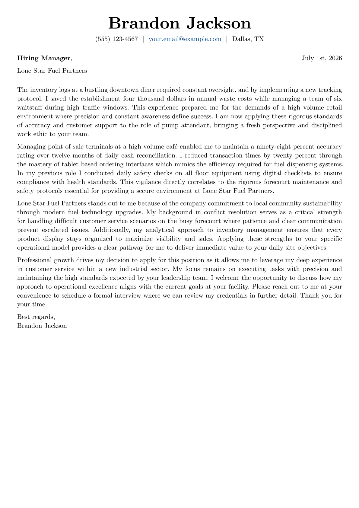 Credentials Examples Template Pump Attendant Cover Letter Example + Template (2026)