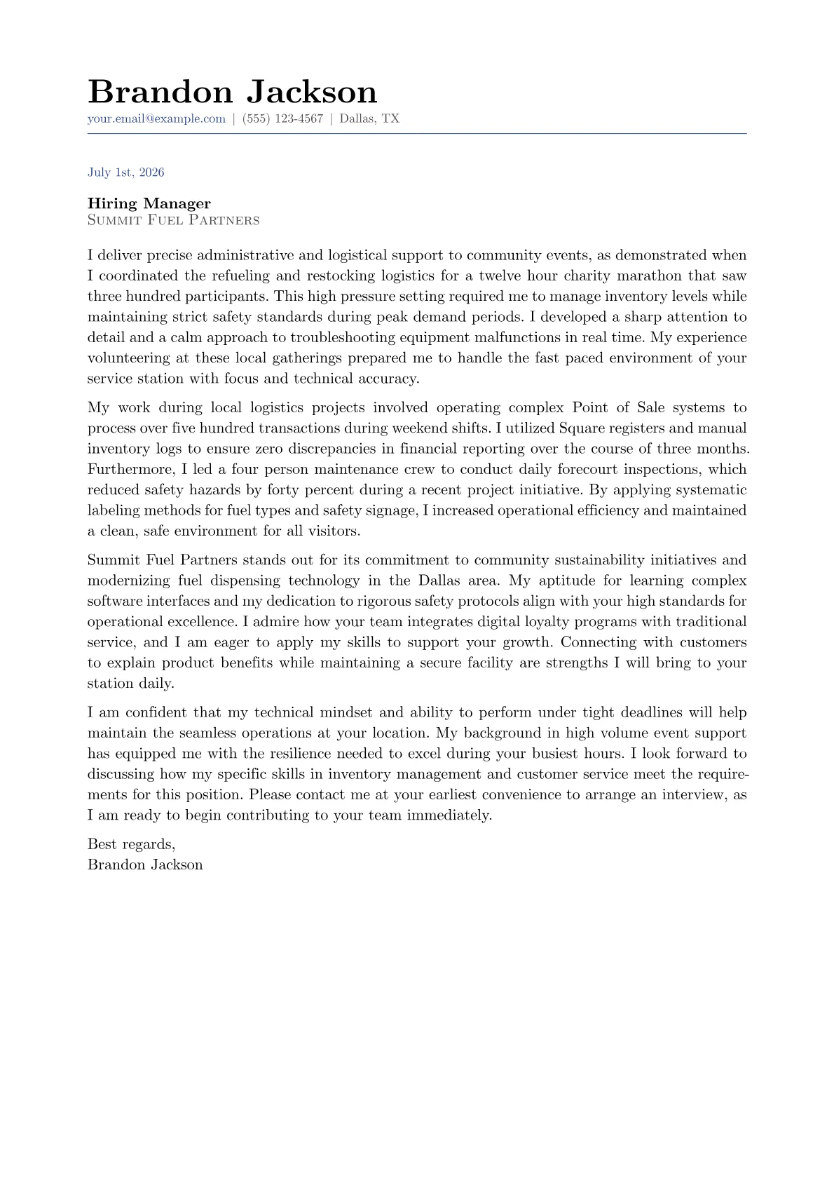 Pump Attendant Cover Letter Example + Template (2026)