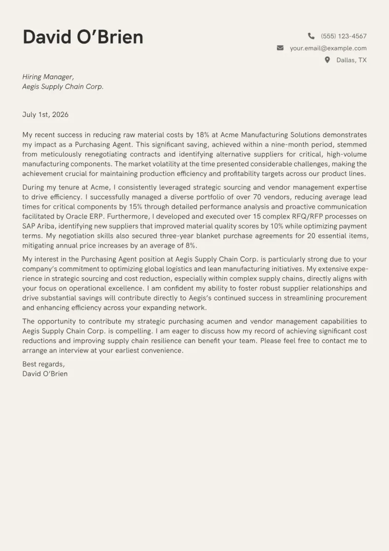Purchasing Agent Cover Letter Example