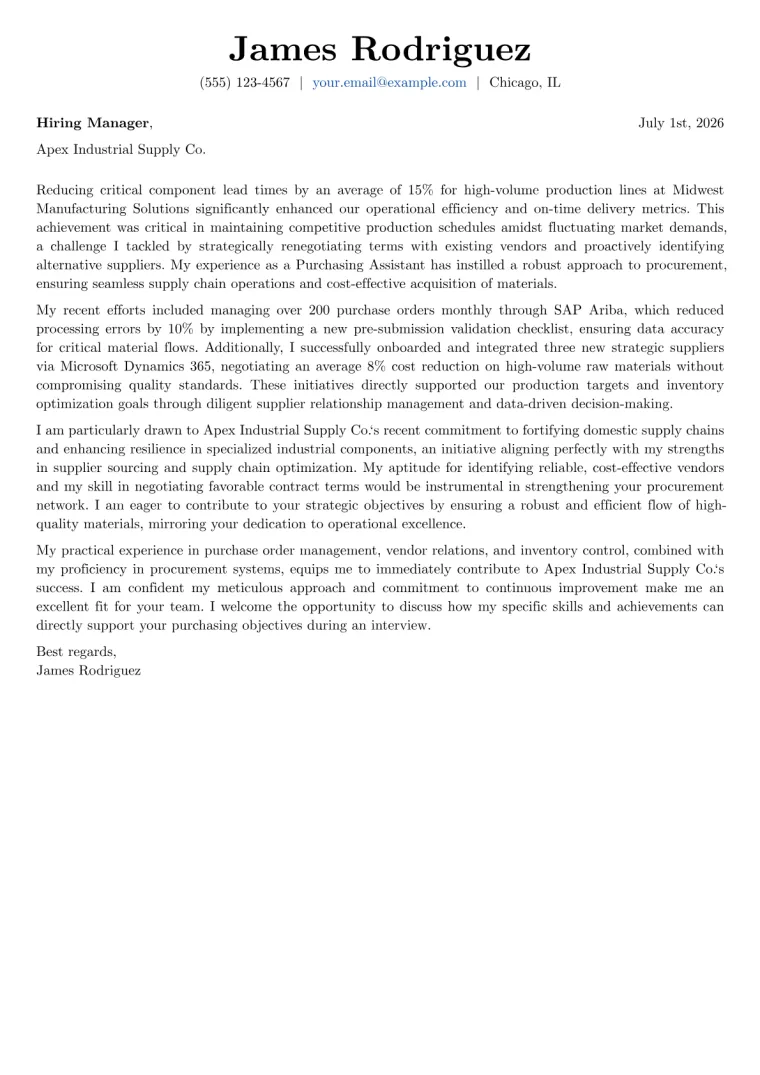 Purchasing Assistant Cover Letter Example
