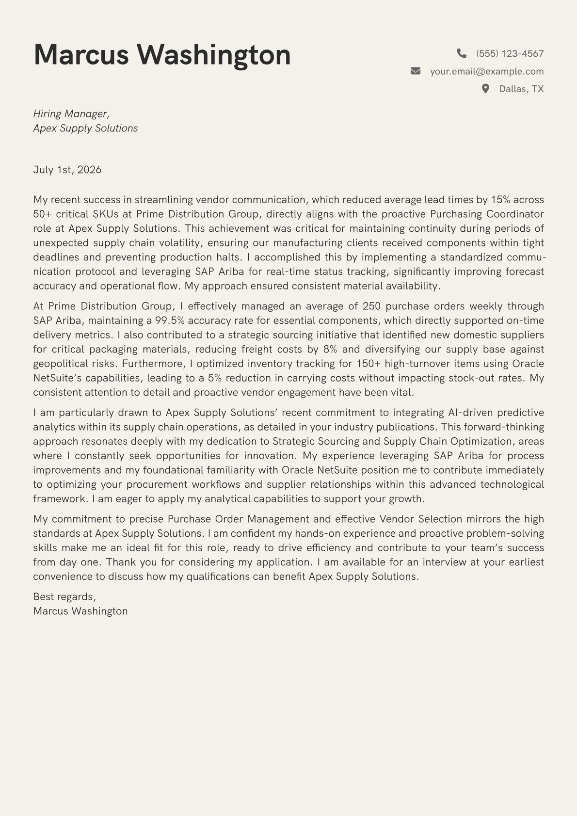 Purchasing Coordinator cover letter formatted with a JobSprout template