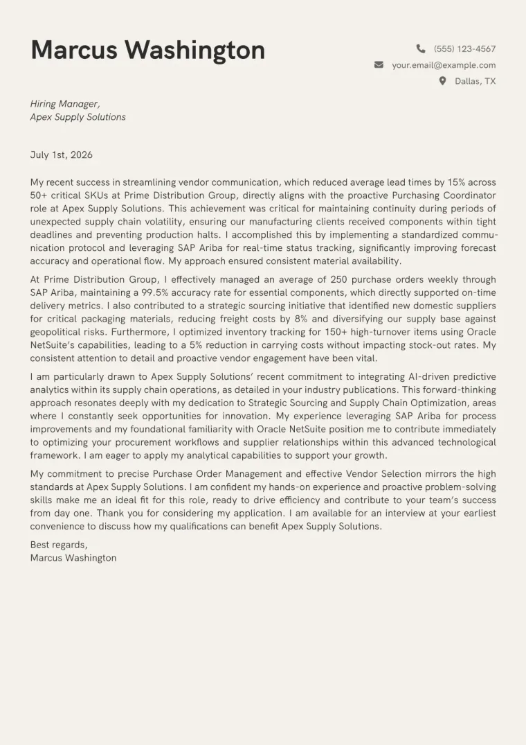 Purchasing Coordinator cover letter example preview