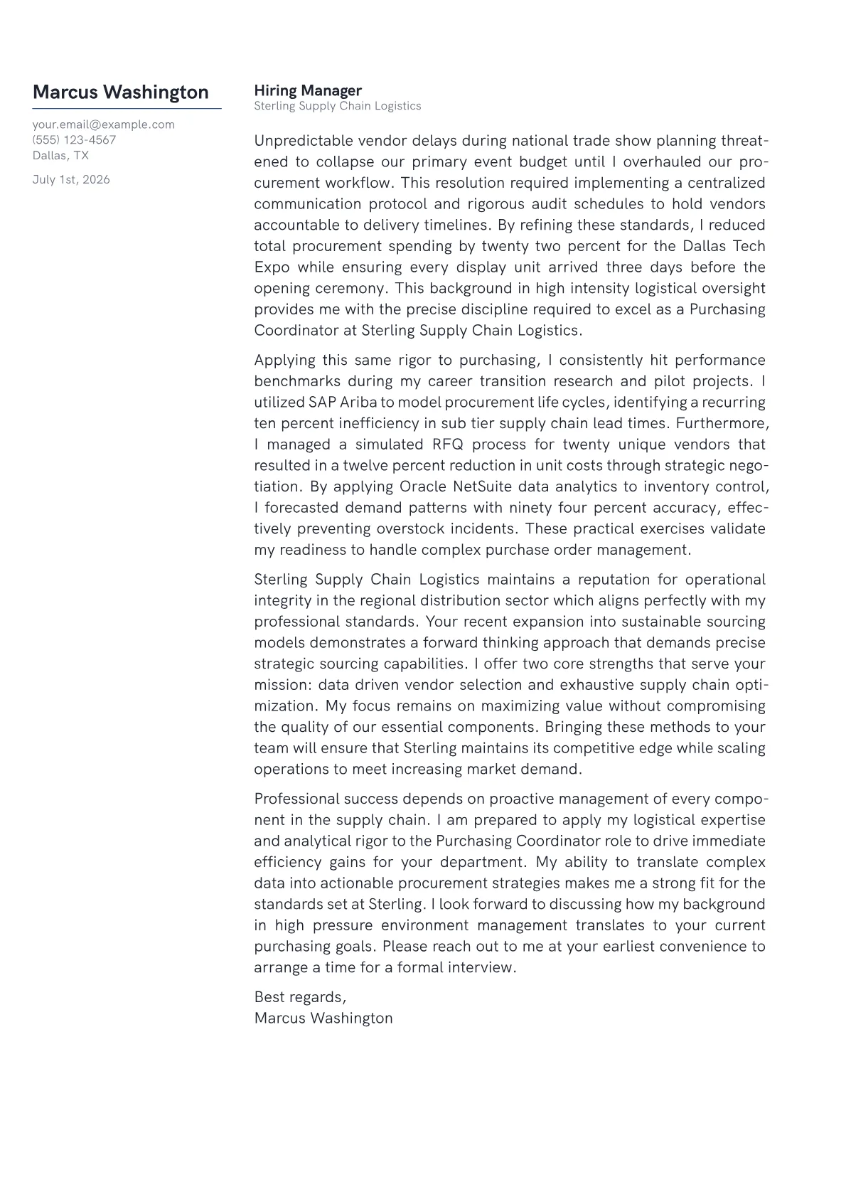 Purchasing Coordinator cover letter in the Margin design