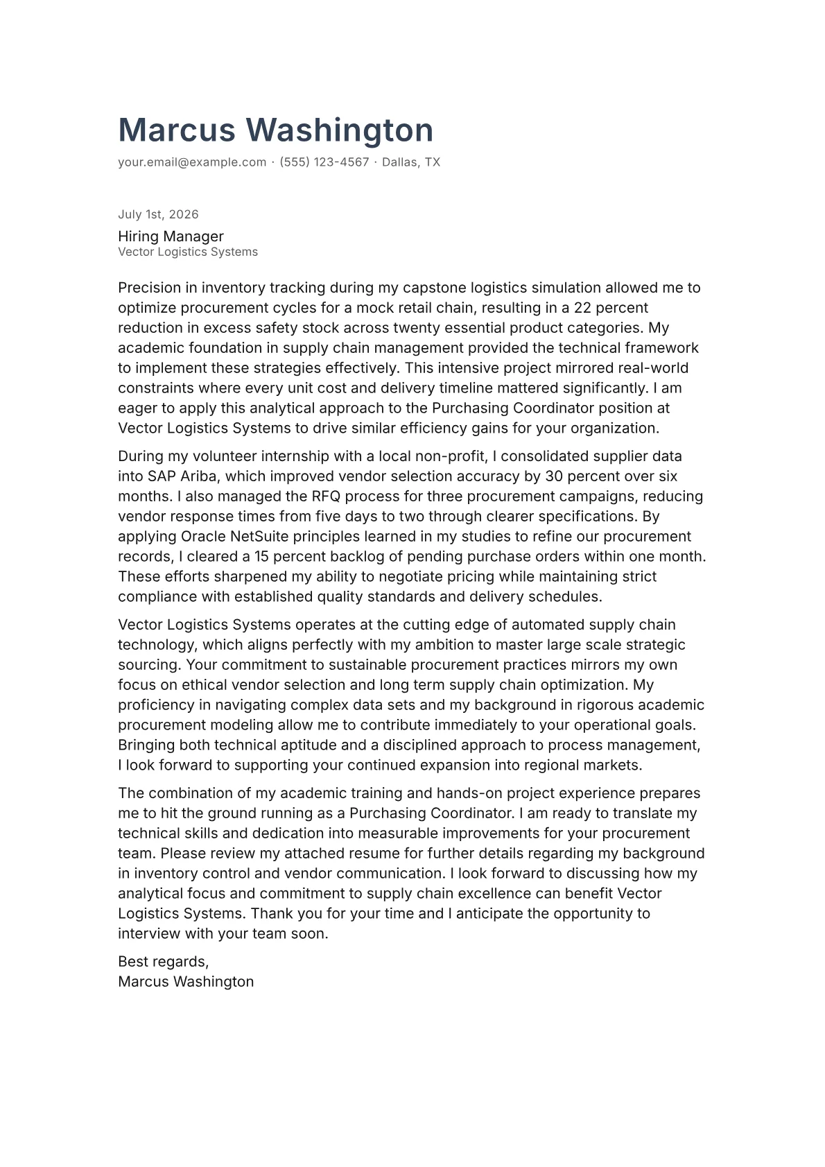 Purchasing Coordinator cover letter in the Minimal design