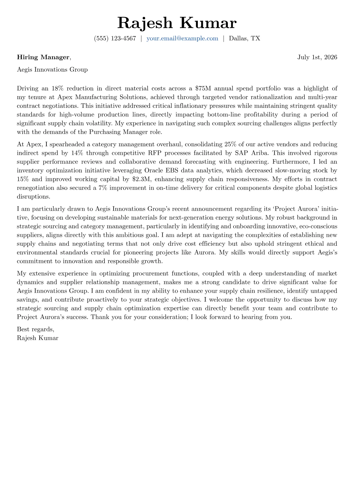 Purchasing Manager cover letter formatted with a JobSprout template