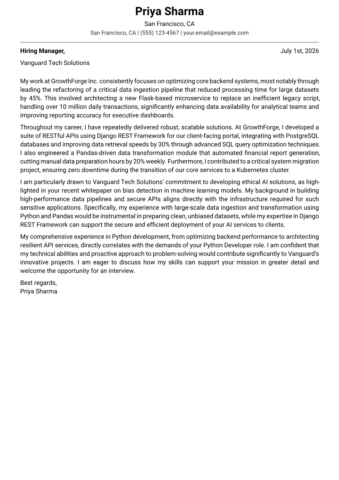 Python Developer cover letter formatted with a JobSprout template