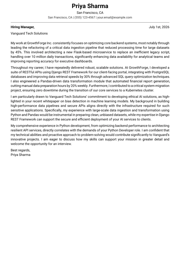 Python Developer cover letter example preview