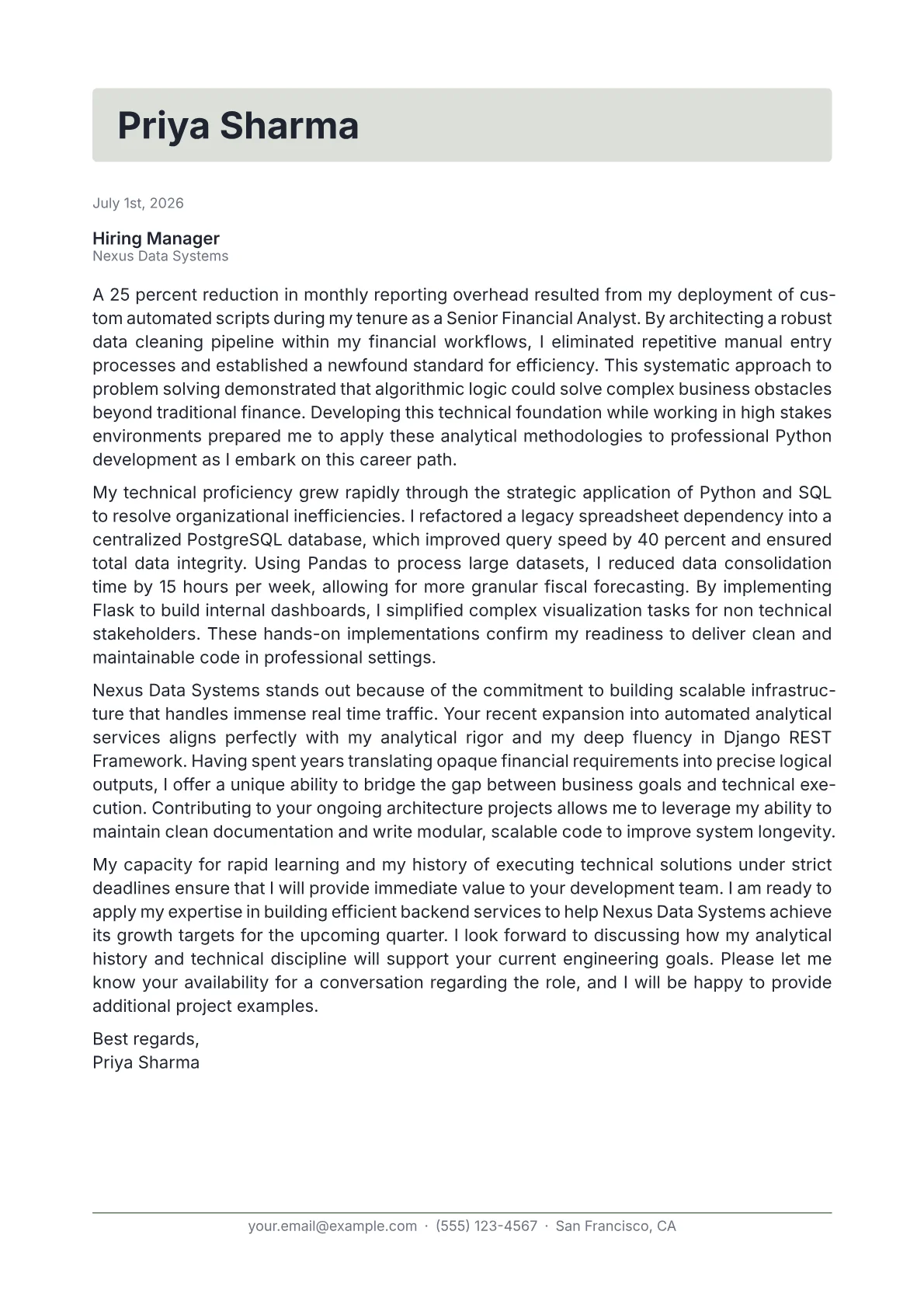 Python Developer cover letter in the Letterhead design