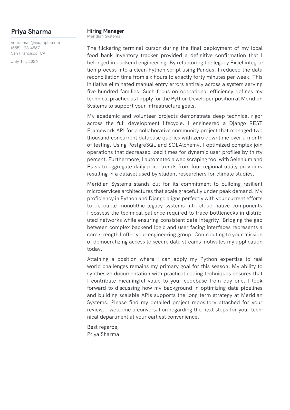 Python Developer cover letter in the Margin design
