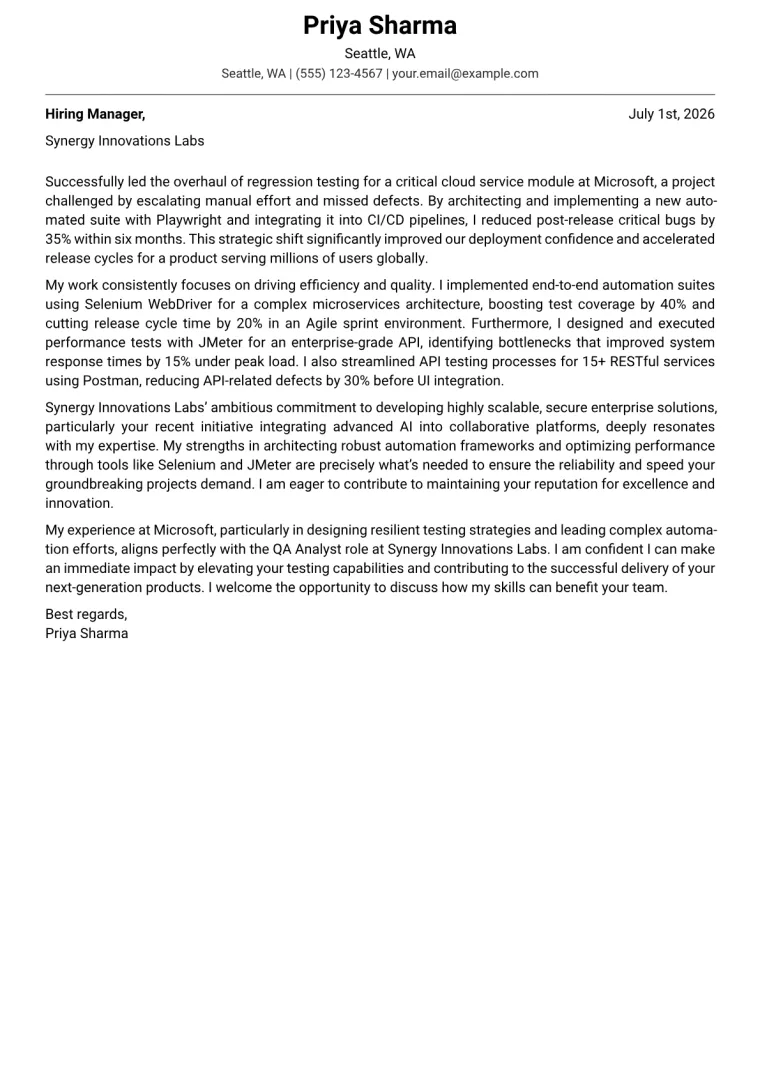 QA Analyst Cover Letter Example