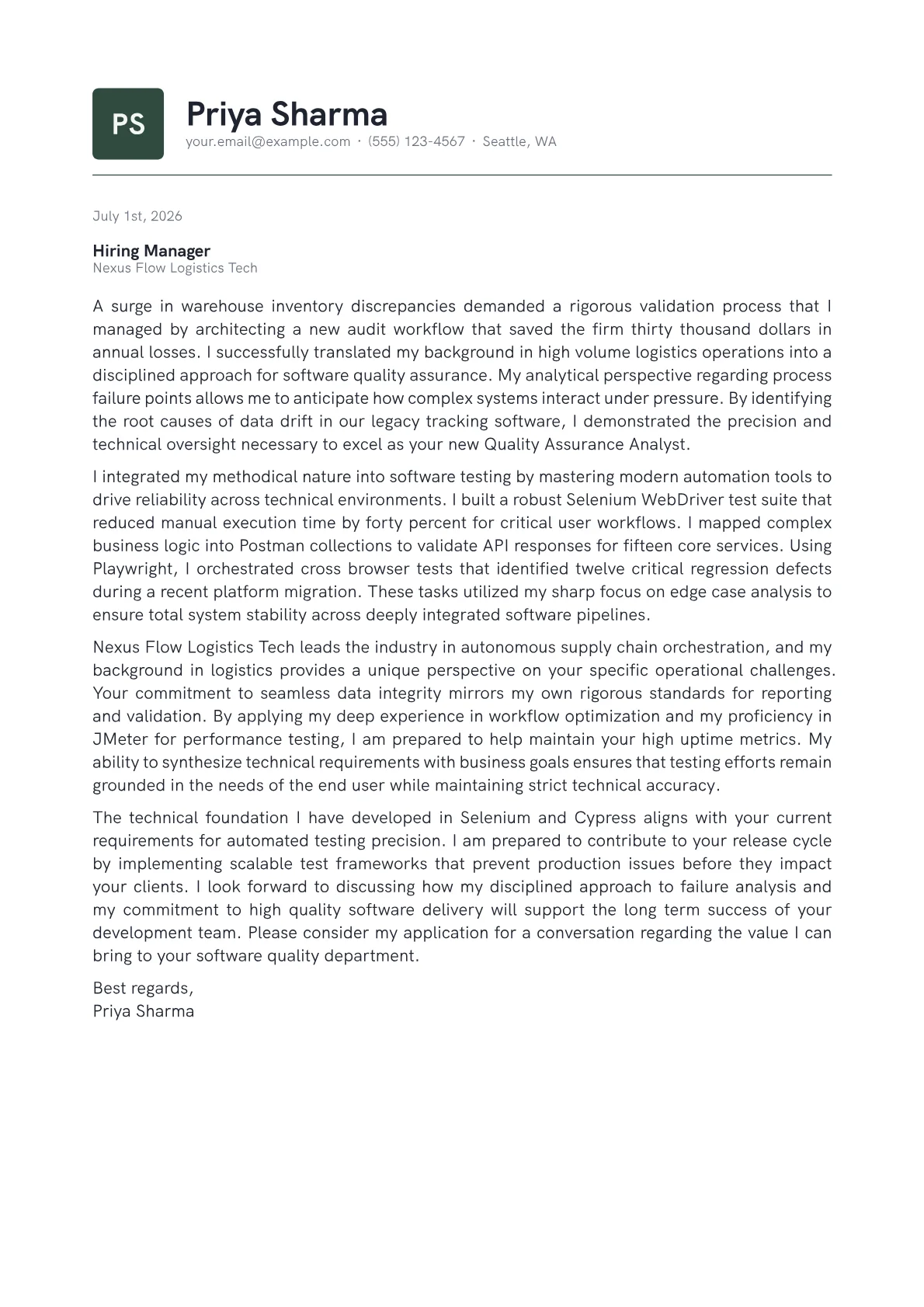 QA Analyst cover letter in the Emblem design