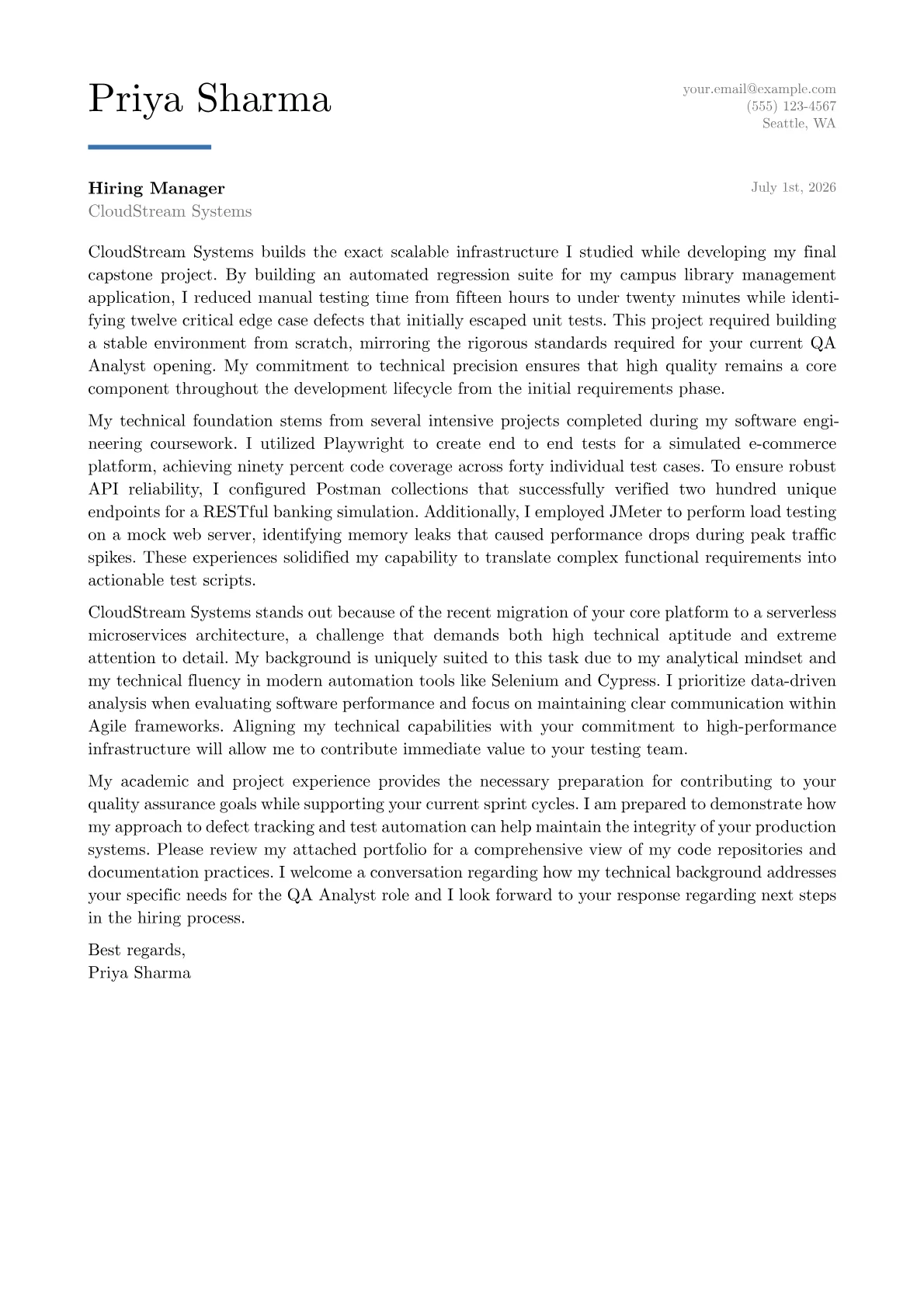 QA Analyst cover letter in the Executive design