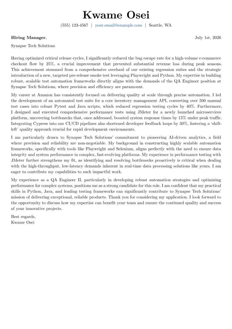QA Engineer Cover Letter Example