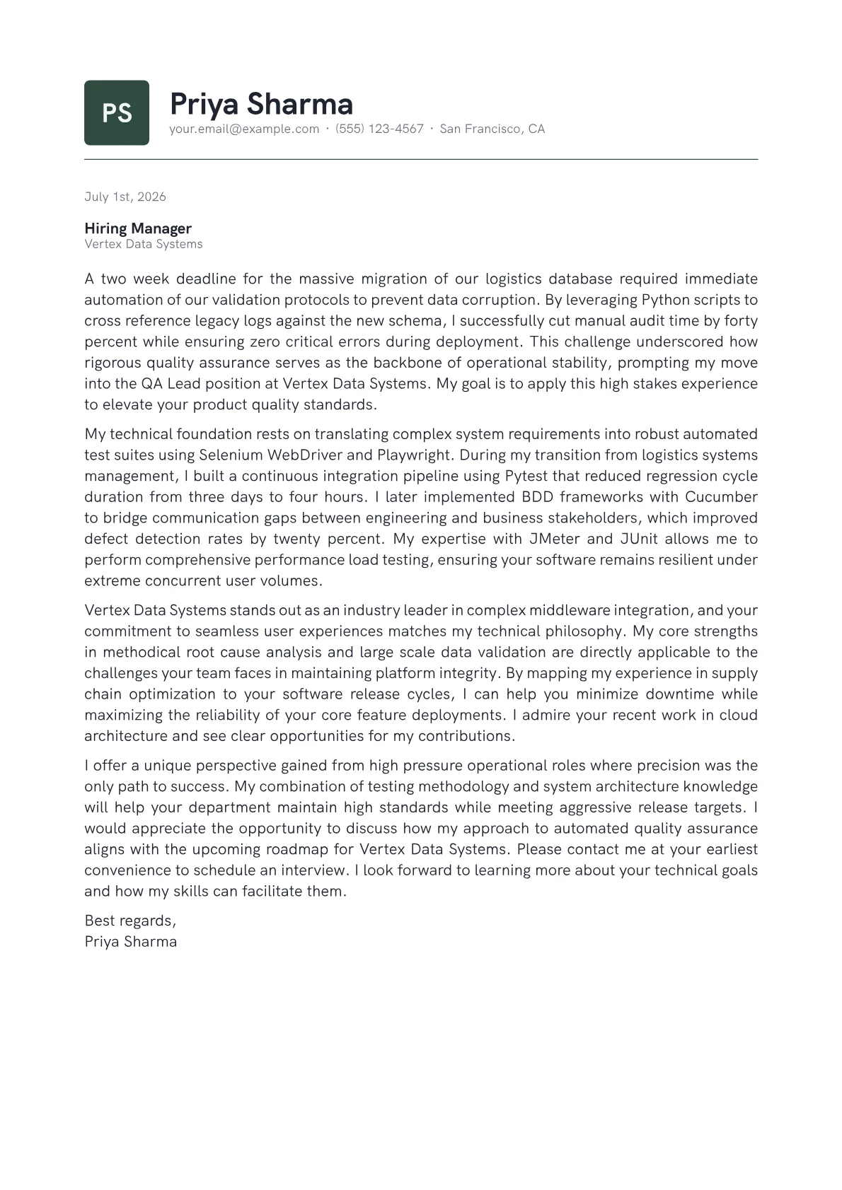 QA Lead cover letter in the Emblem design