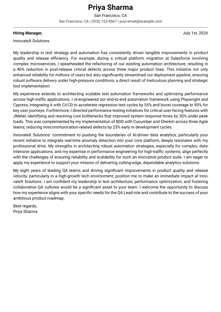 QA Lead cover letter example