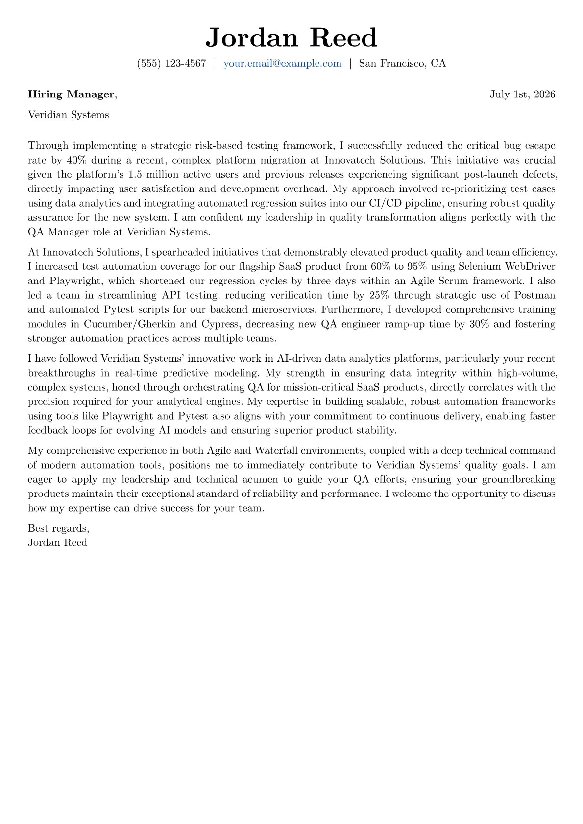 QA Manager cover letter formatted with a JobSprout template