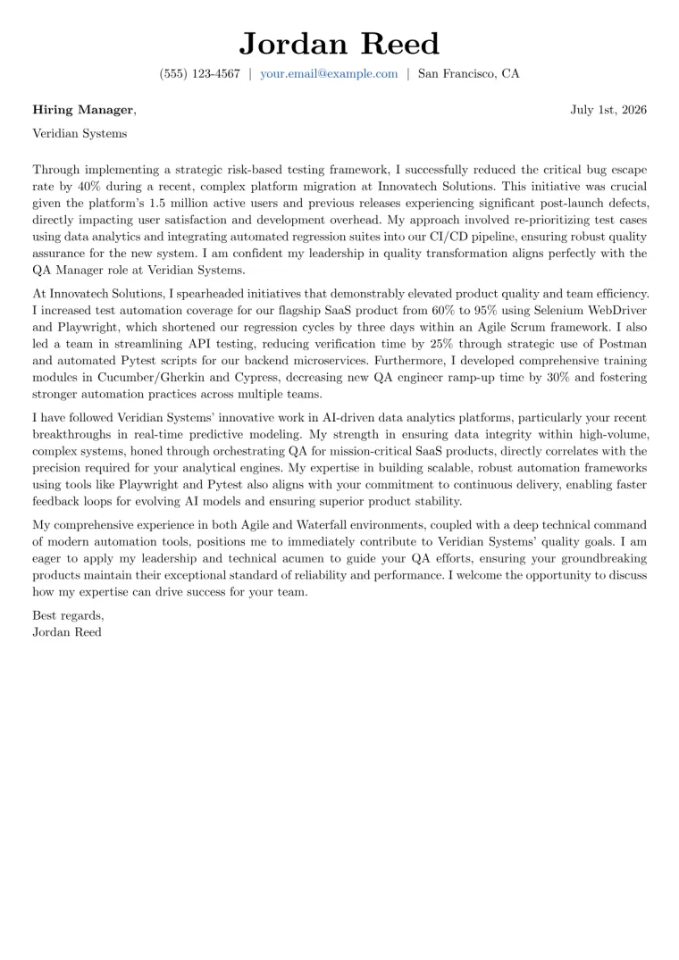 QA Manager cover letter example preview