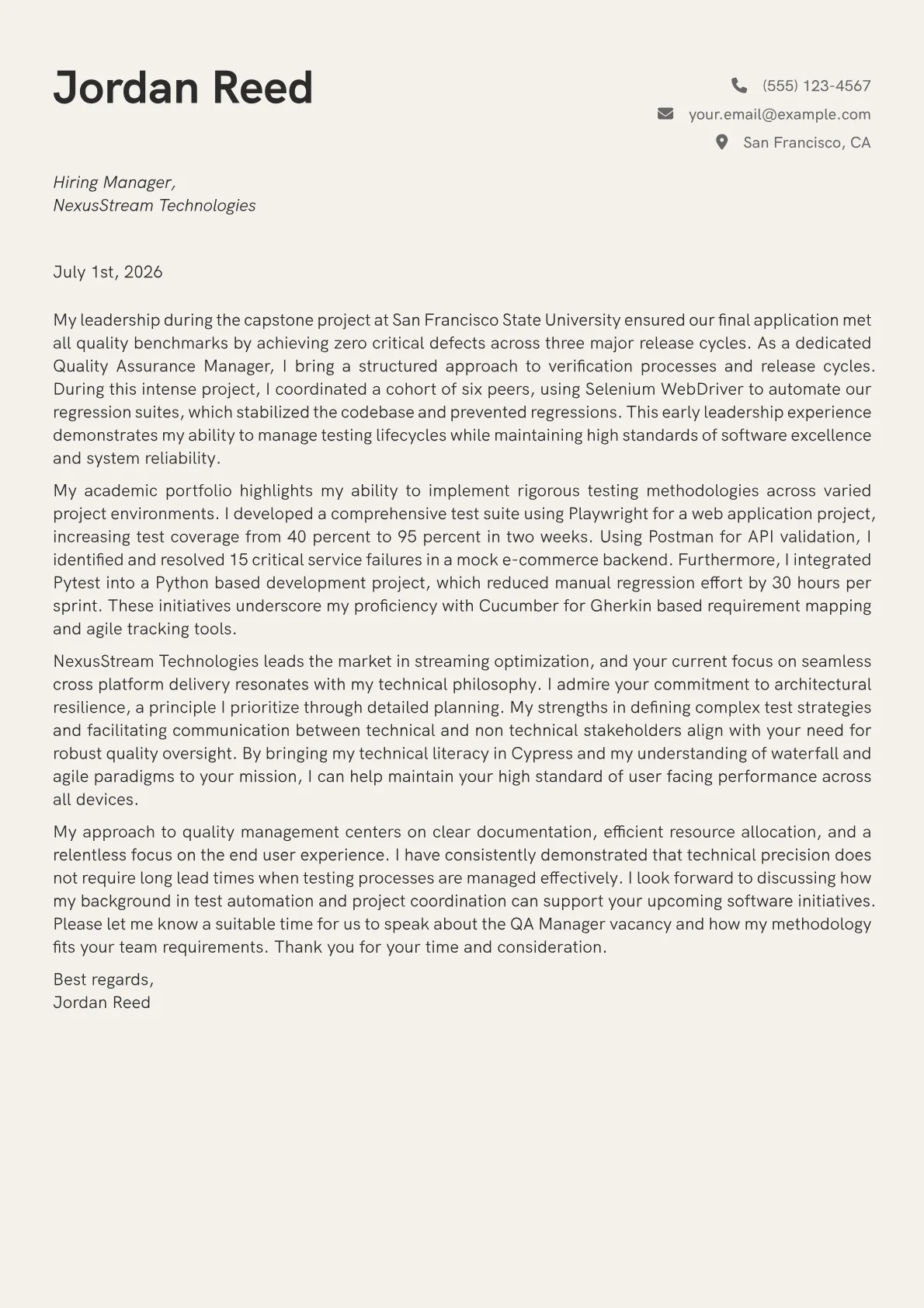QA Manager cover letter in the Creative design