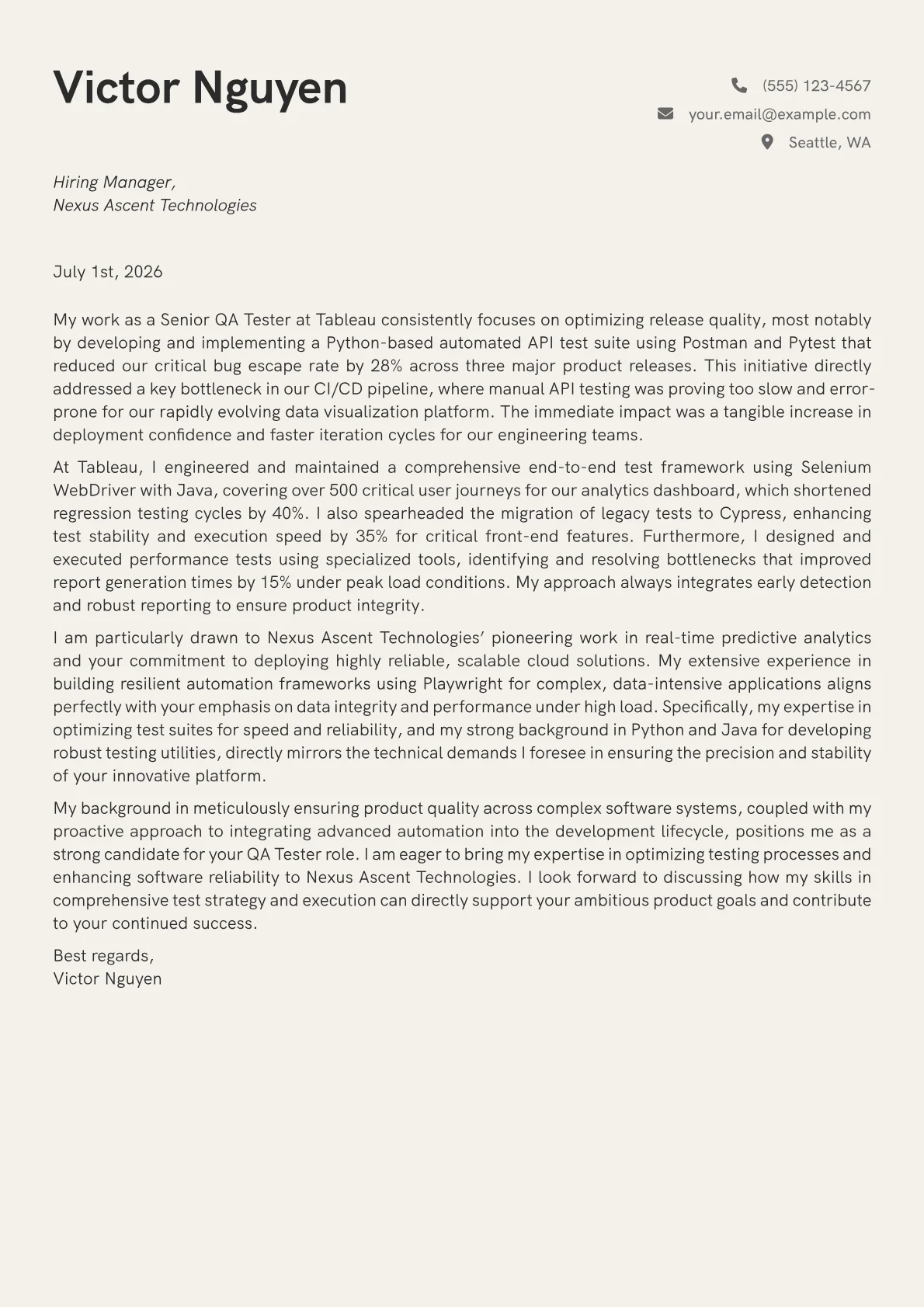QA Tester cover letter formatted with a JobSprout template
