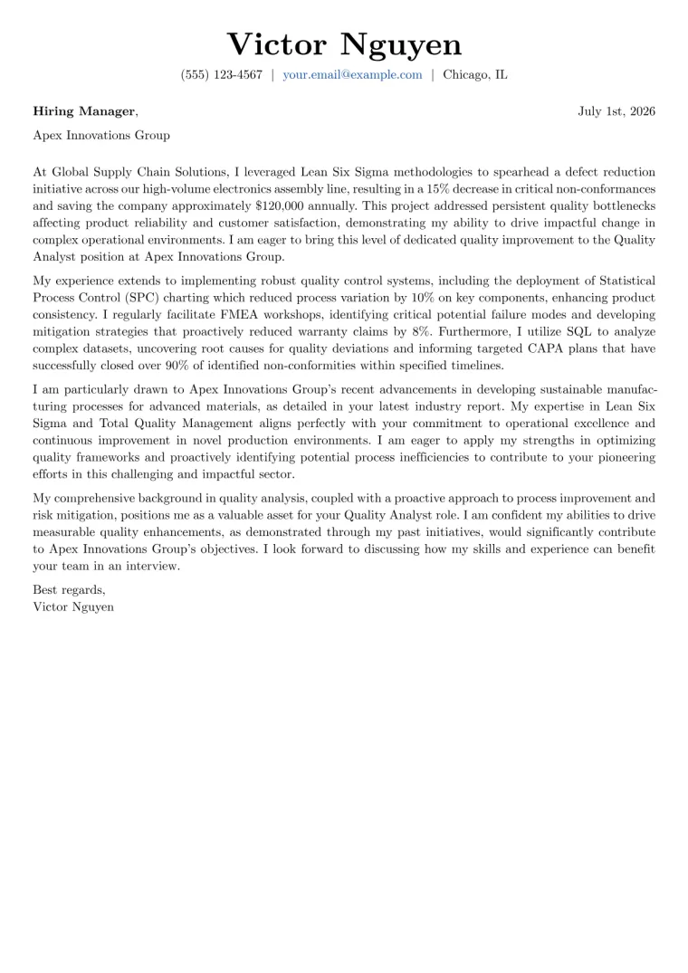 Quality Analyst Cover Letter Example