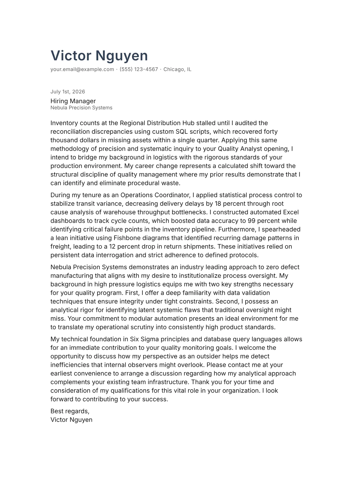 Quality Analyst cover letter in the Minimal design